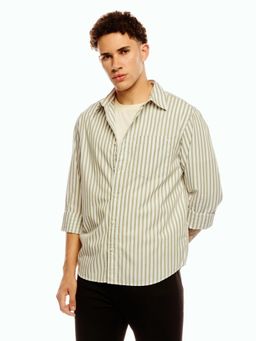 Calvin Klein - Men's Beige Striped Regular Fit Cotton Shirt