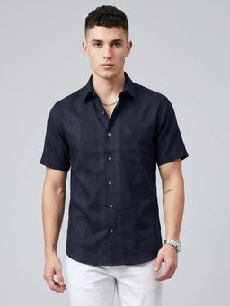 Charagh Din - Men Navy Blue Blended Regular Collar Ditto Fit Combination Casual Shirt