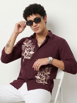 Charagh Din - Men Maroon Blended Regular Collar Ditto Fit Combination Casual Shirt