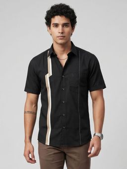 Charagh Din - Mens Black Blended Regular Collar Ditto Fit Combination Casual Shirt