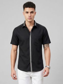 Charagh Din - Men Black Blended Regular Collar Neck Ditto Fit Combination Casual Shirt