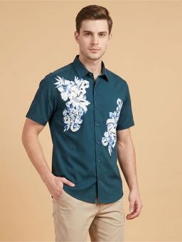Charagh Din - Men Teal Blended Regular Collar Ditto Fit Combination Casual Shirt