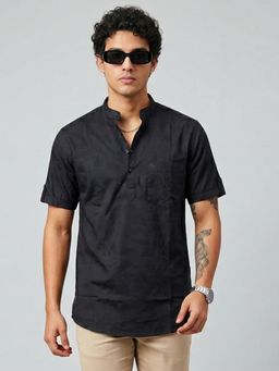 Charagh Din - Men Black Blended Small Collar Ditto Fit Combination Casual Shirt