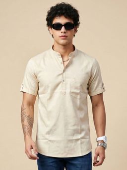 Charagh Din - Mens Beige Blended Small Collar Ditto Fit Combination Casual Shirt