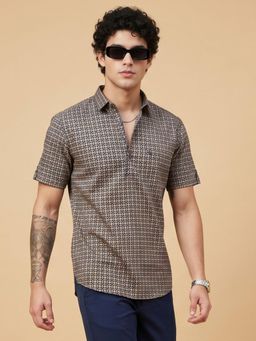 Charagh Din - Men Beige Blended Emperor / Chinese Collar Ditto Fit Combination Casual Shirt