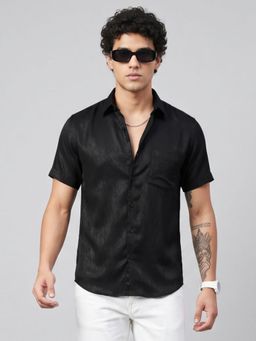 Charagh Din - Men Black Blended Regular Collar Neck Ditto Fit Textured Shirt