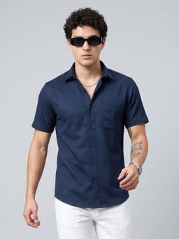 Charagh Din - Men Blue Blended Regular Collar Neck Ditto Fit Self Design Casual Shirt