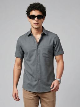 Charagh Din - Men Grey Blended Regular Collar Ditto Fit Self Design Casual Shirt