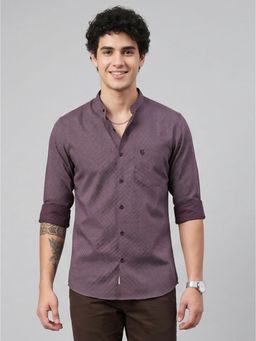 Charagh Din - Men Purple Cotton Emperor / Chinese Collar Regular Fit Print Party Shirt