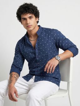 Charagh Din - Men Blue Cotton Emperor / Chinese Collar Regular Fit Print Party Shirt