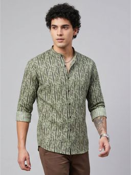 Charagh Din - Men Green Cotton Emperor / Chinese Collar Regular Fit Print Party Shirt