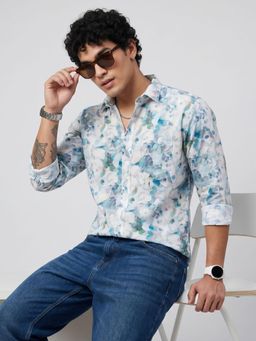Charagh Din - Men Blue Blended Regular Collar Regular Fit Print Party Shirt