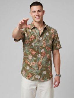 Charagh Din - Men Green Blended Regular Collar Ditto Fit Print Casual Shirt