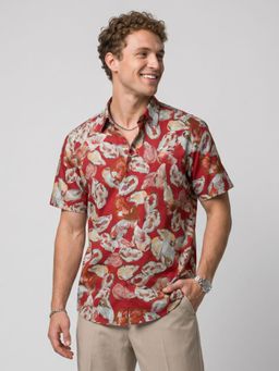 Charagh Din - Men Rust Blended Regular Collar Ditto Fit Print Casual Shirt