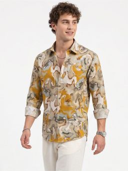 Charagh Din - Men Mustard Blended Regular Collar Ditto Fit Print Casual Shirt