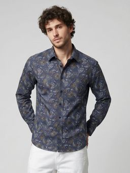 Charagh Din - Men Navy Blue Blended Regular Collar Regular Fit Print Party Shirt
