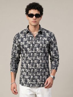 Charagh Din - Men Black Blended Regular Collar Regular Fit Print Party Shirt