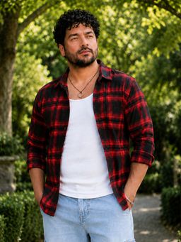 Instafab Plus - Men's Red Buffalo Check Flannel Shirt