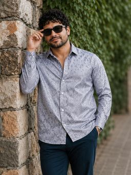 Instafab Plus - Men's Grey Satin Jacquard Knit Shirt