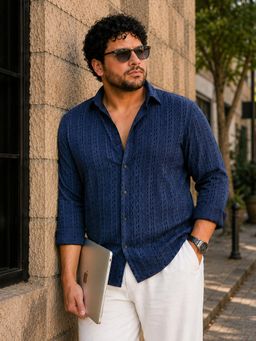 Instafab Plus - Men's Navy Blue Jacquard Knit Shirt