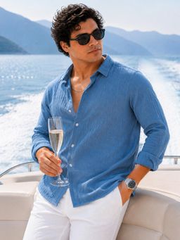 Instafab Plus - Men's Blue Solid Textured Shirt