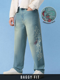 The Souled Store - Men Blue Ukiyo-E Dragon Baggy Fit Embroidered Jeans