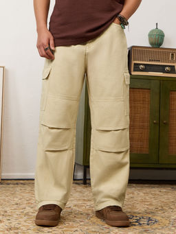 The Souled Store - Men Beige Solid Cargo Pocket Jeans