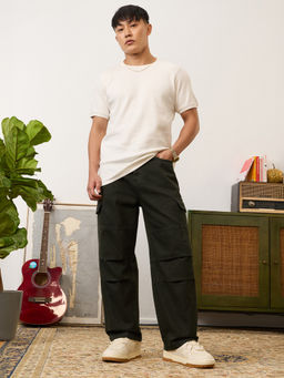 The Souled Store - Men Dark Olive Baggy Fit Denim Cargo Pocket Jeans