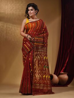 Arhi - Rust Cotton Handwoven jamdhani Saree with Chevron Designs