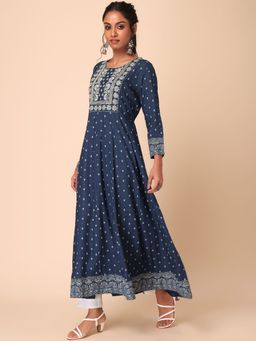 Indya - Navy Foil Print Embroidered Rayon Anarkali Kurta