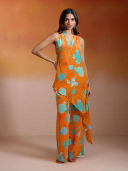 Gajra Gang - Orange Crepe Floral Printed Asymmetric Kurta and Pant Bandhan Babes (Set Of 2)
