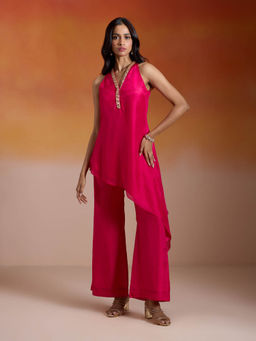 Gajra Gang - Fuchsia Pink Silk Embellished Asymmetric Kurta and Pant Bandhan Babes (Set Of 2)