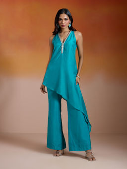 Gajra Gang - Turq Blue Silk Embellished Asymmetric Kurta and Pant Bandhan Babes (Set Of 2)