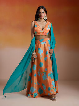 Gajra Gang - Navy Blue Crepe Floral Printed Waiscoat and Skirt Bandhan Babes (Set Of 2)