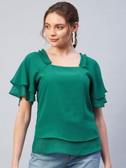 RARE - Women Casual Green Colour Square Neck Solid Regular Top