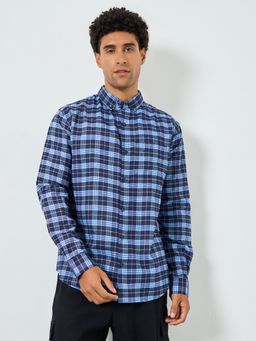 Styli - Navy Blue Checked Regular Fit Button Down Collar Full Sleeves Casual Shirt