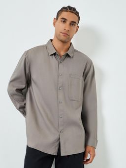 Styli - Grey Solid Relaxed Fit Spread Collar Full Sleeves Casual Shirt