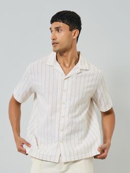 Styli - Off White Striped Resort Collar Overize Fit Short Sleeve Casual Shirt
