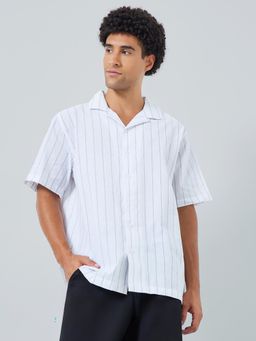 Styli - White Striped Oversize Fit Resort Collar Short Sleeves Casual Shirt