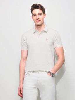 U.S. POLO ASSN. - Off White Textured Slim Fit Polo T-Shirt