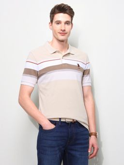 U.S. POLO ASSN. - Beige Horizontal Striped Slim Fit Polo T-Shirt