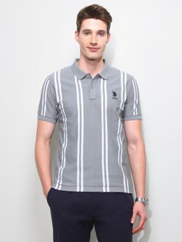 U.S. POLO ASSN. - Grey Vertical Striped Slim Fit Polo T-Shirt