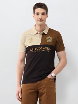 U.S. POLO ASSN. - Brown Colourblocked Brand Embroidered Slim Fit Polo T-Shirt