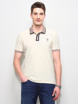 U.S. POLO ASSN. - Beige Solid Slim Fit Polo T-Shirt