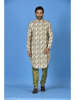 Simaaya - Green Printed Premium Quality Cotton Silk Made Long Kurta for Men