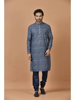 Simaaya - Blue Embroidered Premium Quality Cotton Silk Made Long Kurta for Men