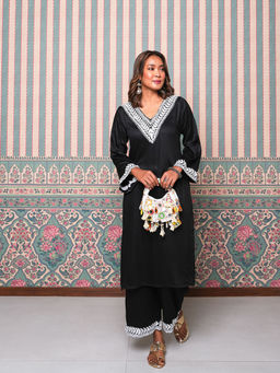 Ishnya - Jhoom-Black Embroidered Kurta with Palazzo (Set of 2)