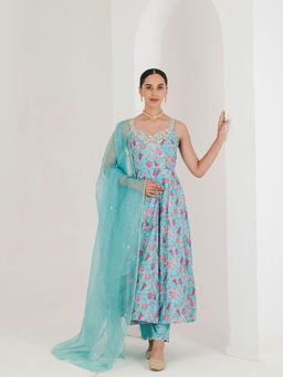 Maive - Blue Print Embroidered Anarkali with Pant and Dupatta (Set of 3)