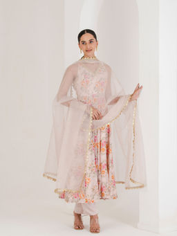 Maive - Blush Pink Floral Print Anarkali with Pant and Dupatta (Set of 3)
