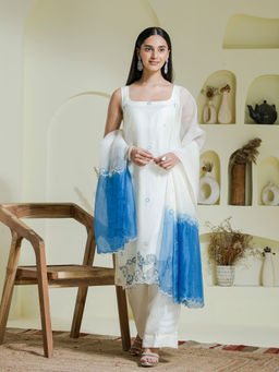 Maive - White Blue Hand Embroidered Kurta Pant with Dupatta (Set of 3)